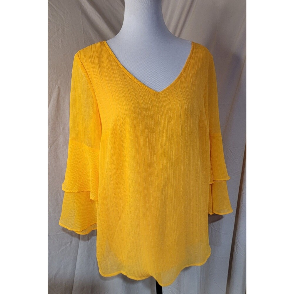 AGB Womans Large V-Neck Butter Yellow Gold Tiered 3/4 Sheer Flutter Sleeves Boho